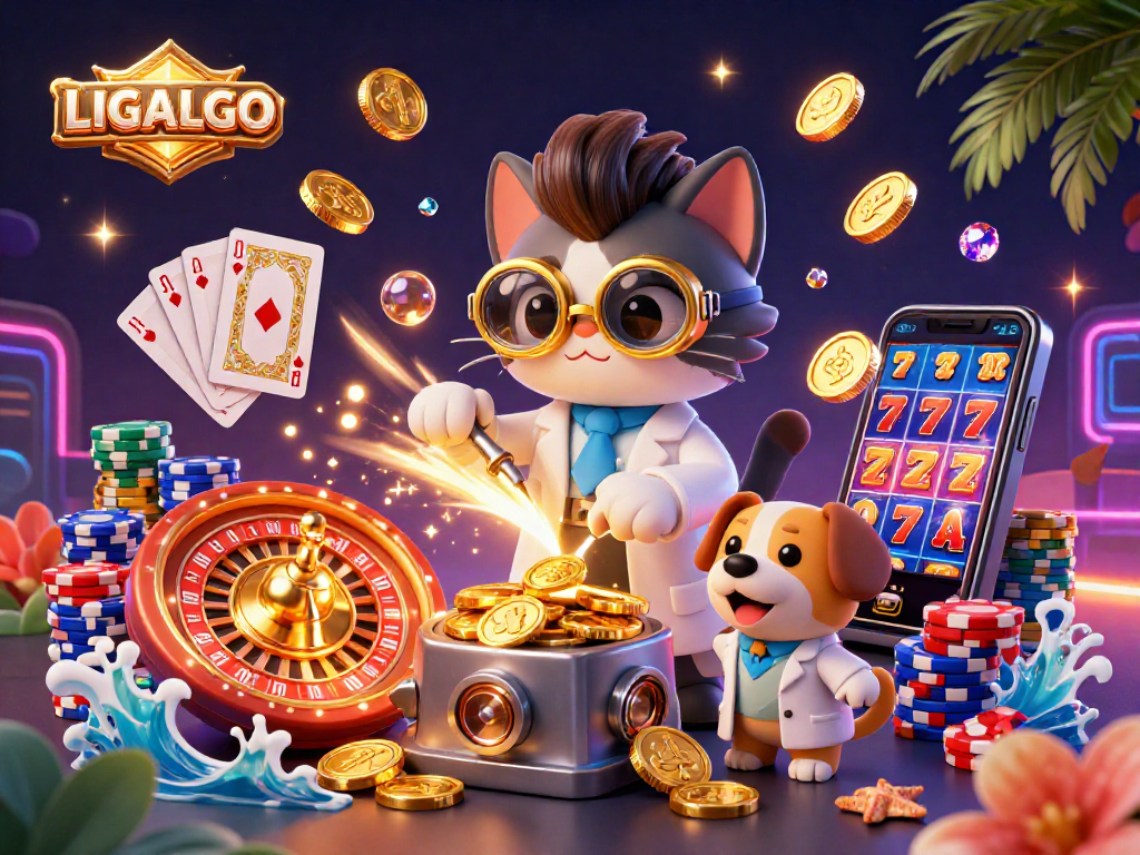 LIGALGO gains excitement with a mad scientist cat and dog in a casino scene filled with coins, gems, and a spinning roulette wheel.