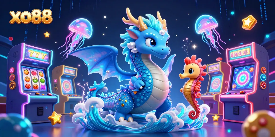 Experience exciting gaming at xo88 with the azure dragon and seahorse knight amid vibrant slot reels.