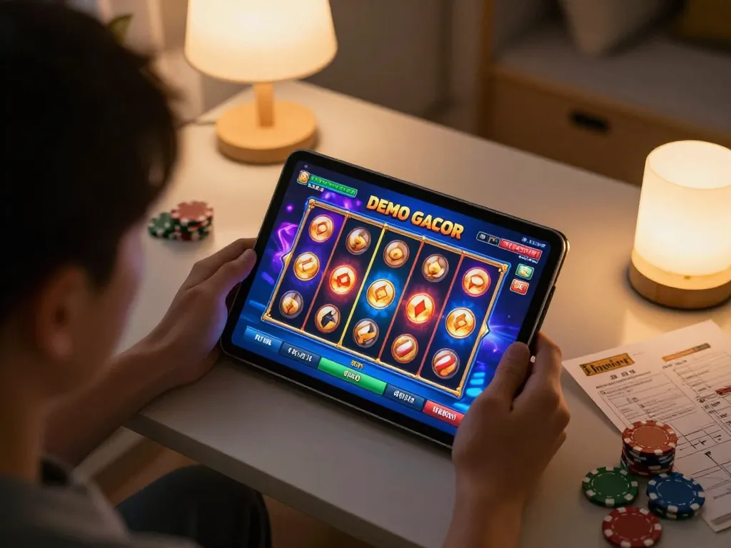 Engaging gameplay of Demo Gacor slot game on tablet in cozy home setting