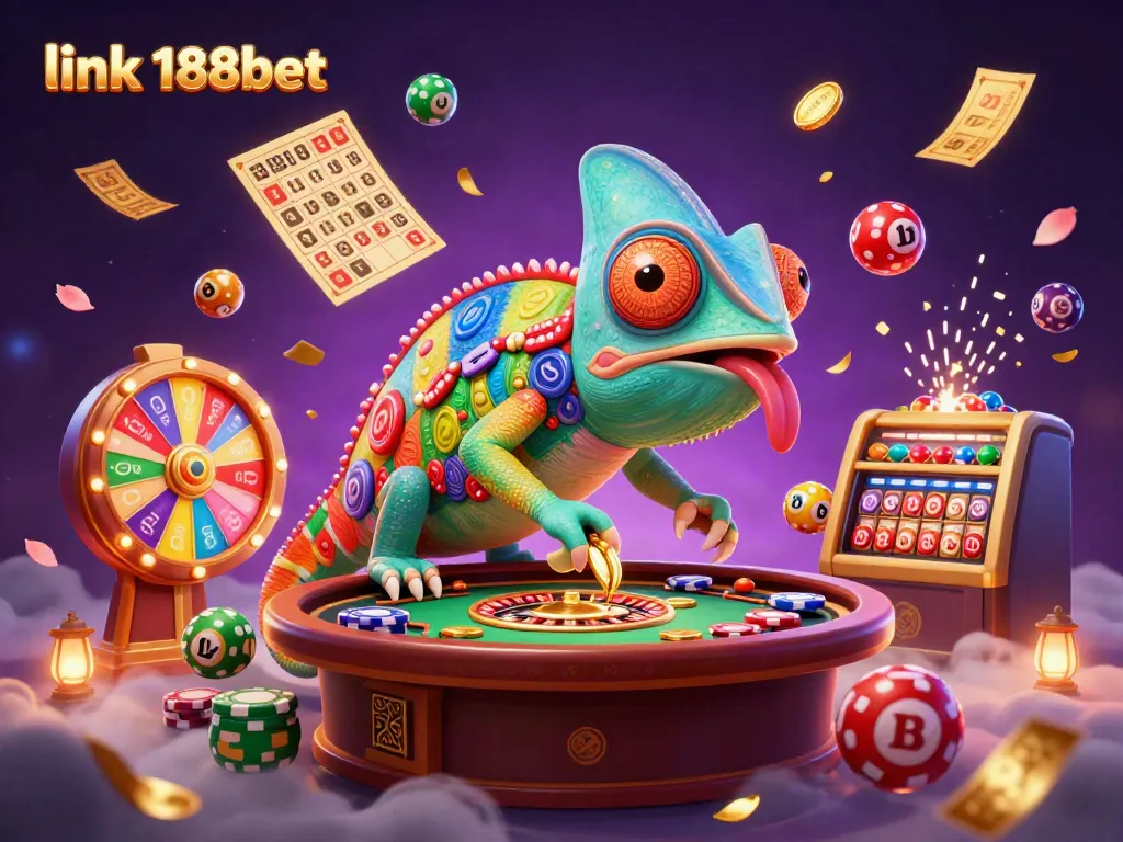 Experience thrill and excitement with the link 188bet surrounded by vibrant casino elements and colorful lottery balls.