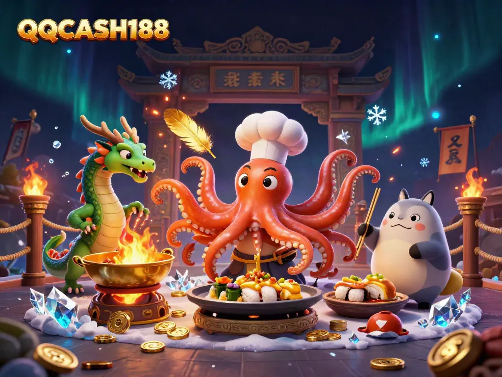 Engage with QQCASH188's vibrant gaming scene featuring dynamic characters and exquisite casino elements.