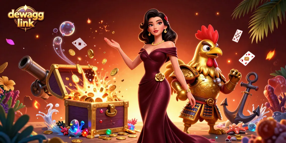Engage with the thrilling dewagg link experience, showcasing a glamorous woman and golden rooster warrior in a vibrant casino scene.