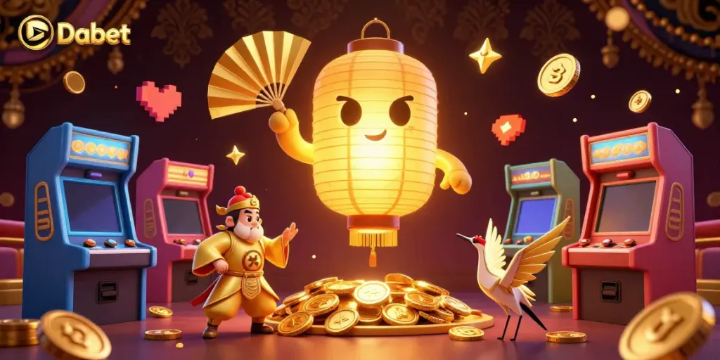Dabet offers a vibrant casino experience featuring golden spirits and arcade games, illuminating players' journey.