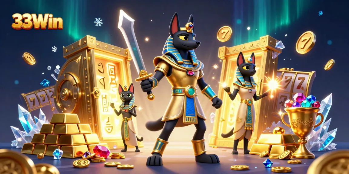 Experience the thrill of 33Win with Anubis and Bastet centered in a dynamic casino scene.