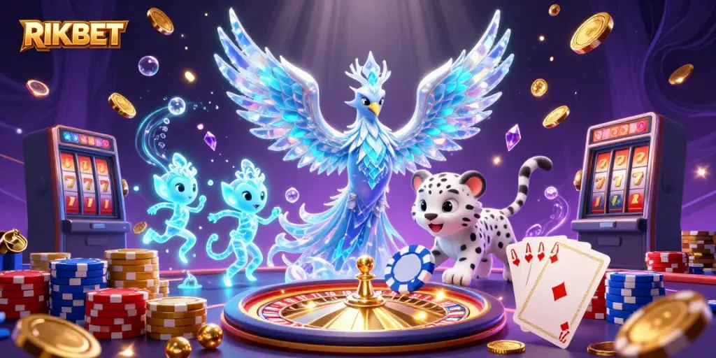 Witness the excitement at RIKBET with a vibrant 3D casino scene featuring a phoenix and playful sprites.