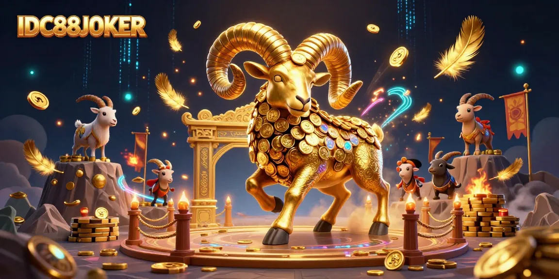 Experience thrilling gameplay with IDC88JOKER, where a golden ram charges through a vibrant casino arena.