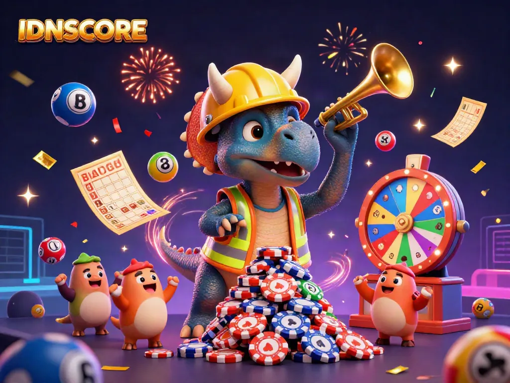 IDNSCORE showcases a vibrant casino scene with a triceratops, colorful lottery balls, and celebratory elements.
