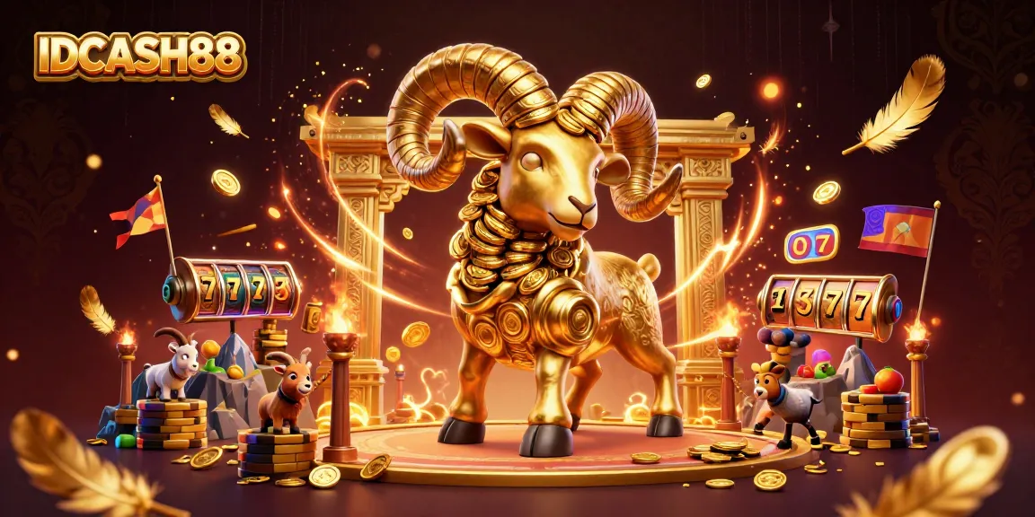 Experience the thrilling world of IDCASH88 with golden ram charging into a vibrant casino scene.