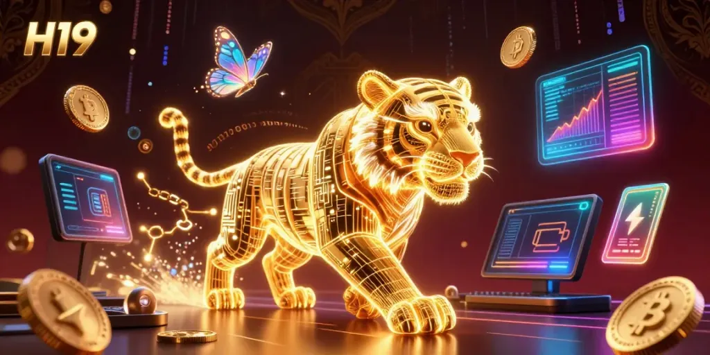 Experience the energy of H19 casino with a neon-wireframe tiger leading a dynamic digital landscape full of crypto elements.
