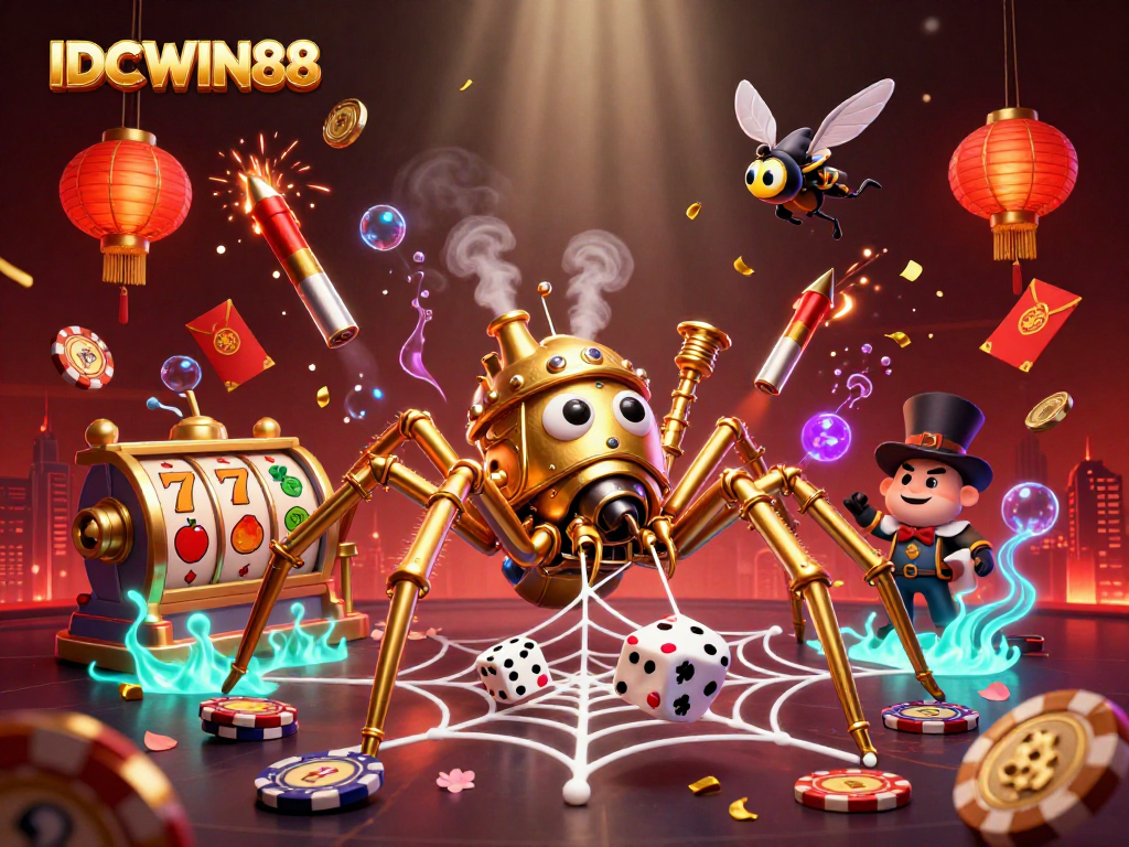 Experience the excitement of IDCWIN88 with a vibrant 3D casino illustration packed with slot reels and steampunk elements.