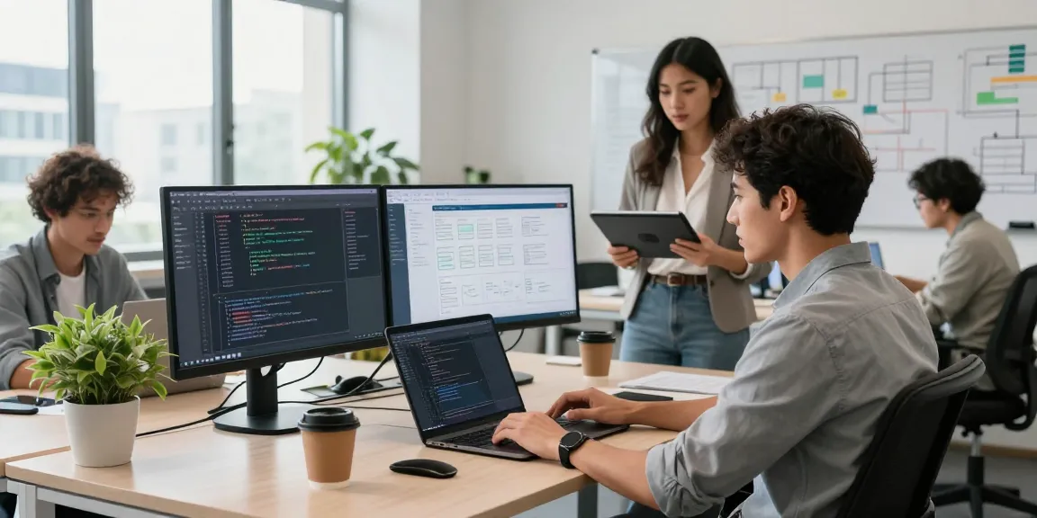 Web development agency Malaysia team collaborating in a modern office with coding displays and design tools.