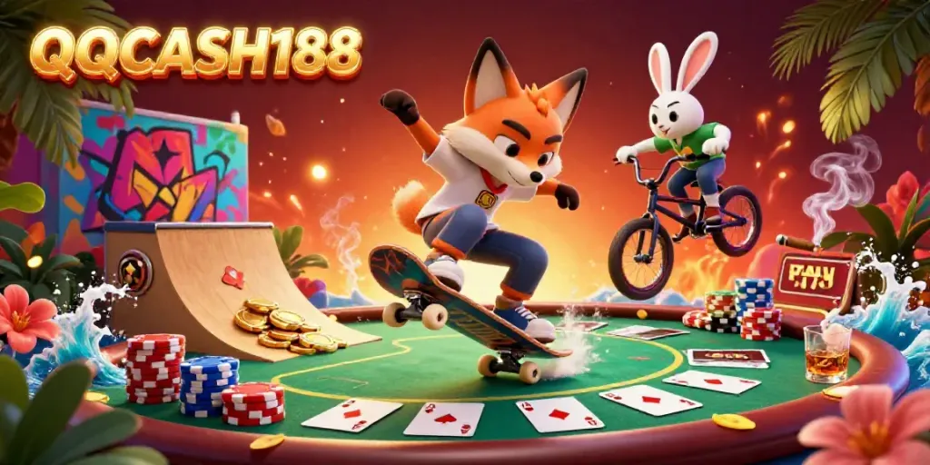 Engage in exhilarating gameplay at QQCASH188 with vibrant casino-themed characters showing action-packed tricks.
