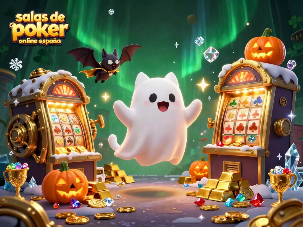Salas de poker online en España: Disfruta de un ambiente animado con un gato fantasma y un murciélago en un casino.