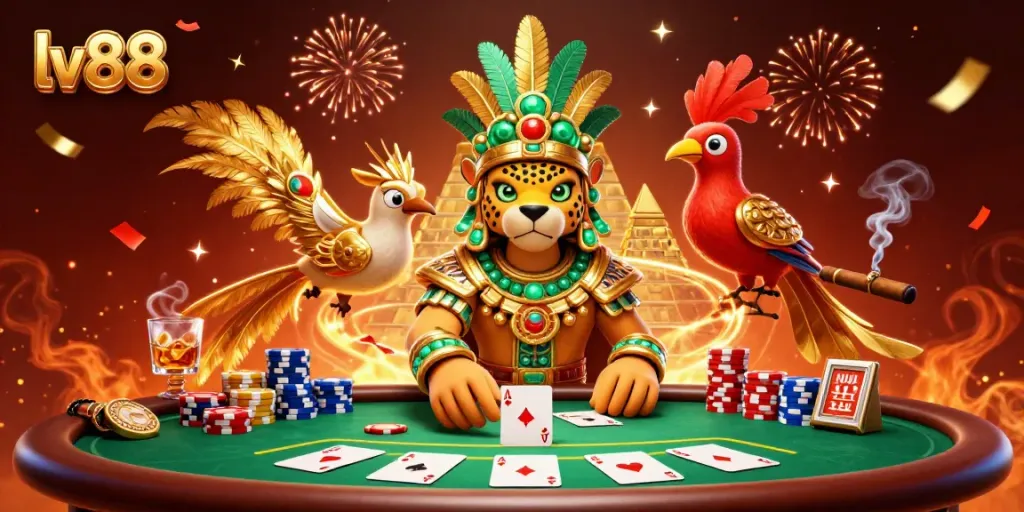 Experience the vibrant energy of lv88 with a magical casino scene featuring Mayan characters and poker elements.