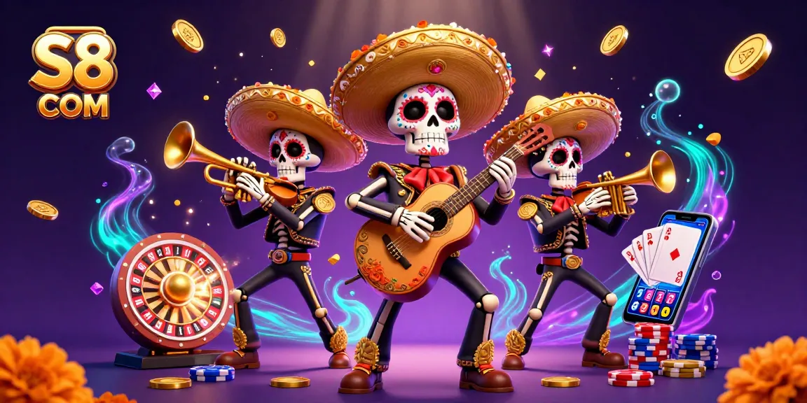 Win big with S8 COM in this vibrant 3D casino scene featuring mariachi skeletons!