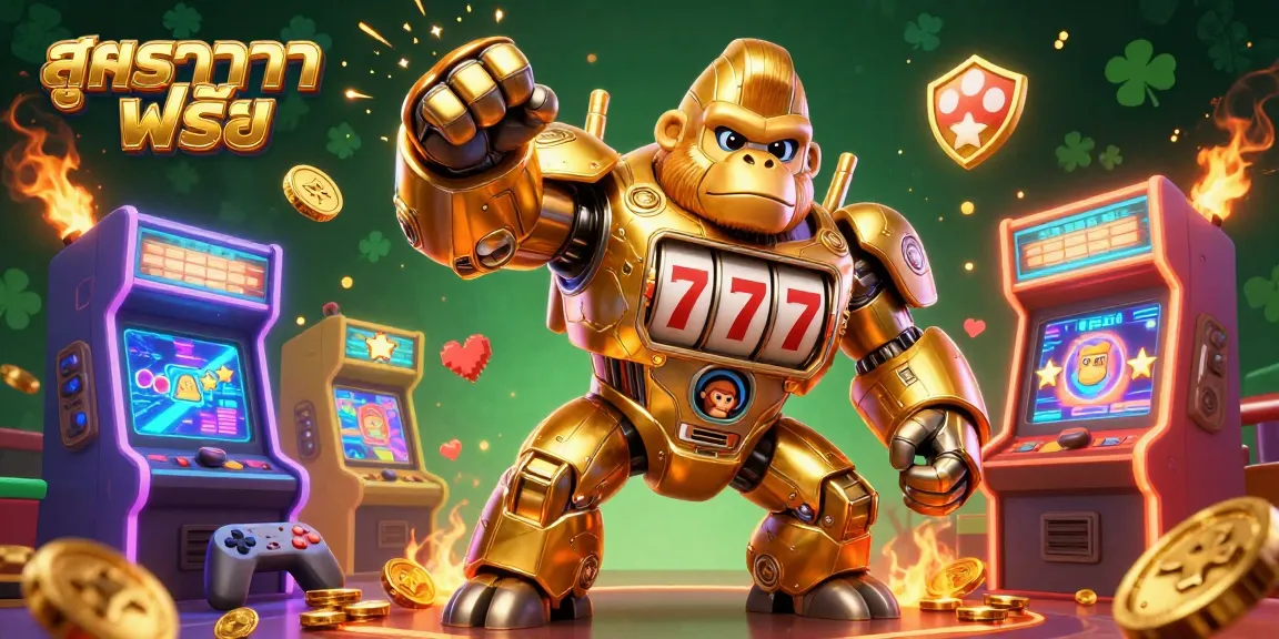 Spin reels with สูตรบาคาร่า ฟรี in a vibrant 3D gaming scene showcasing a golden gorilla mech and arcade machines.