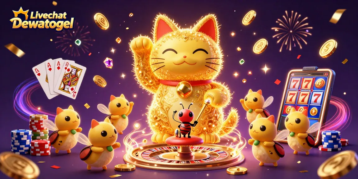 Experience thrilling moments in Livechat Dewatogel with a giant lucky cat and casino symbols.