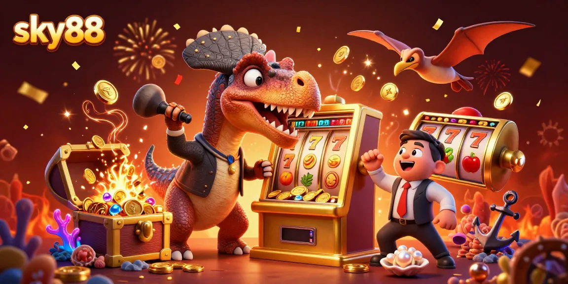 Sky88 creates a jackpot frenzy as a dinosaur headbutts a slot machine amidst a vibrant casino scene.