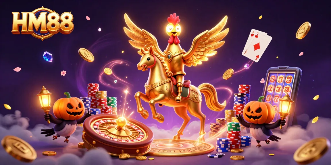 HM88 casino scene showing a golden rooster with glowing head, surrounded by festive elements and gaming action.