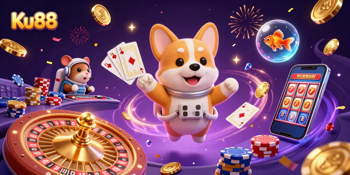 Experience thrilling moments at Ku88 with a floating corgi and magical casino elements.