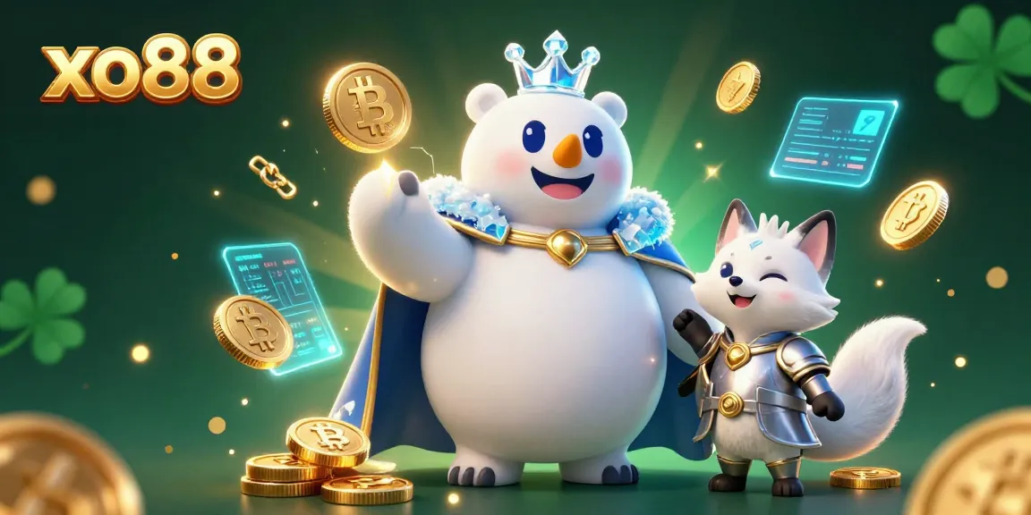 Engage with xo88's vibrant 3D illustration featuring a polar bear and snow fox in a crypto casino scene.