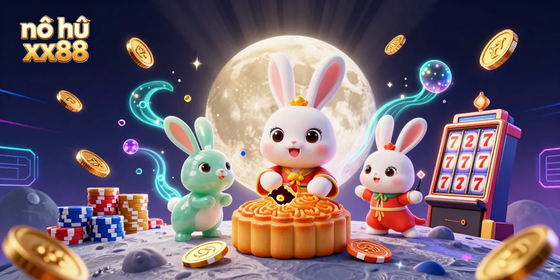Experience the excitement of nổ hũ xx88 with a vibrant 3D illustration showcasing moon rabbits and a jackpot theme.