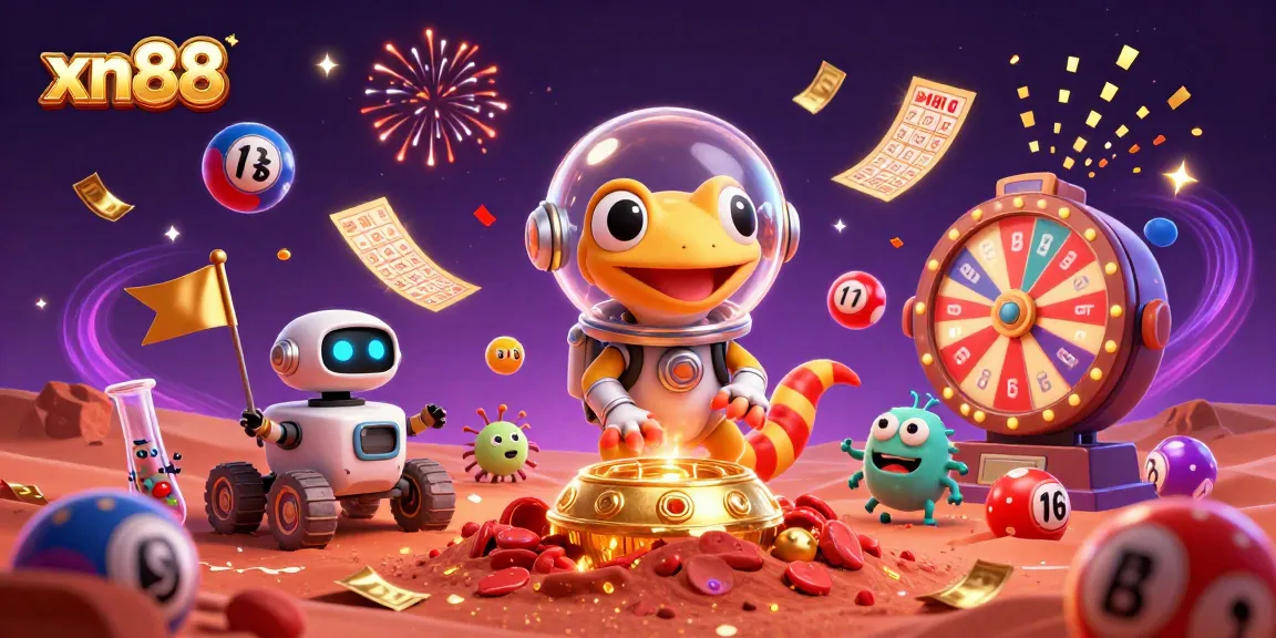 Win big at XN88 with vibrant lottery elements and a 3D Martian gecko in a colorful casino setting.