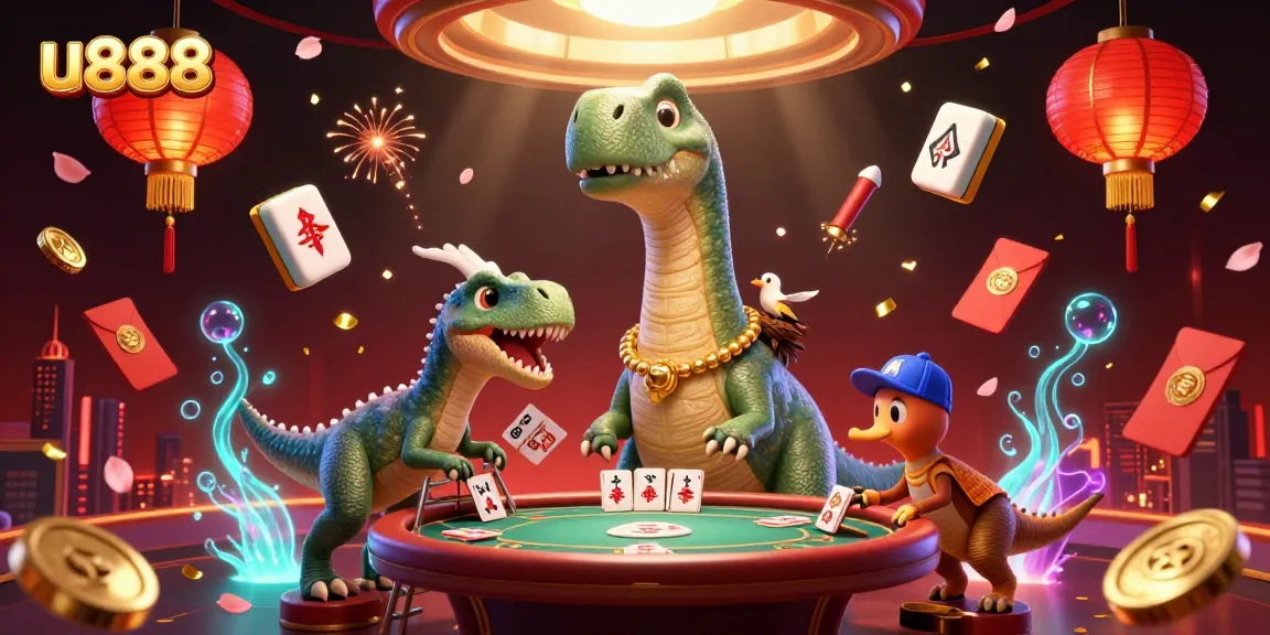 Experience thrilling action at u888 with a playful dinosaur and raptor dealer at the poker table.