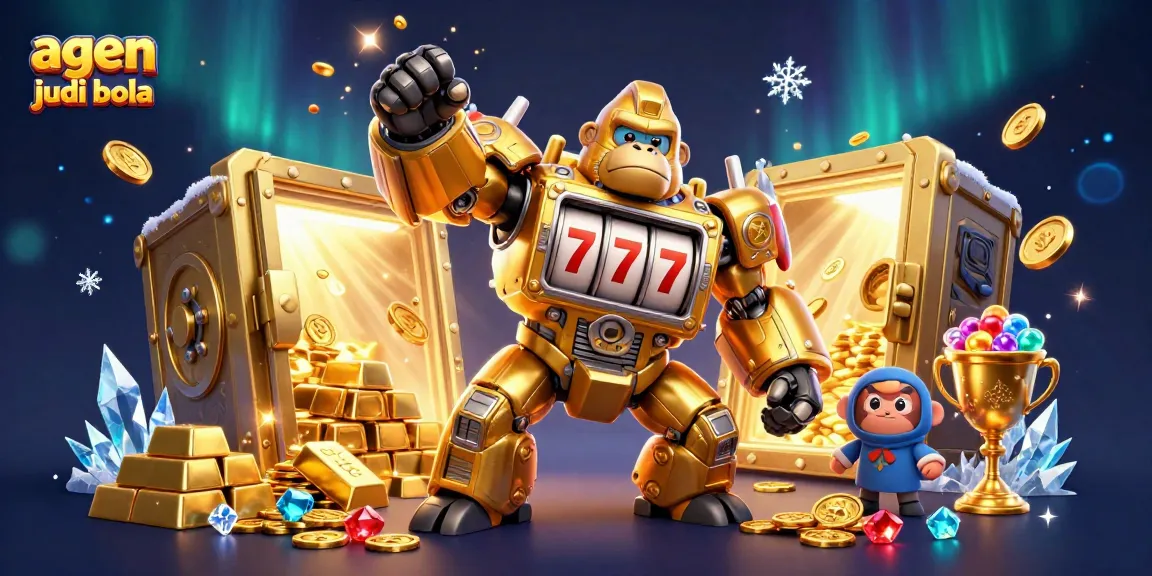 Engage with agen judi bola, where a golden gorilla mech and treasures collide in a dynamic casino scene.