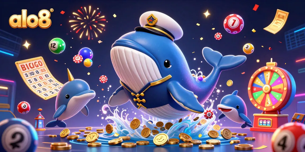 Experience thrilling games with alo8 as playful dolphins and a cartoon whale celebrate in a vibrant casino scene.