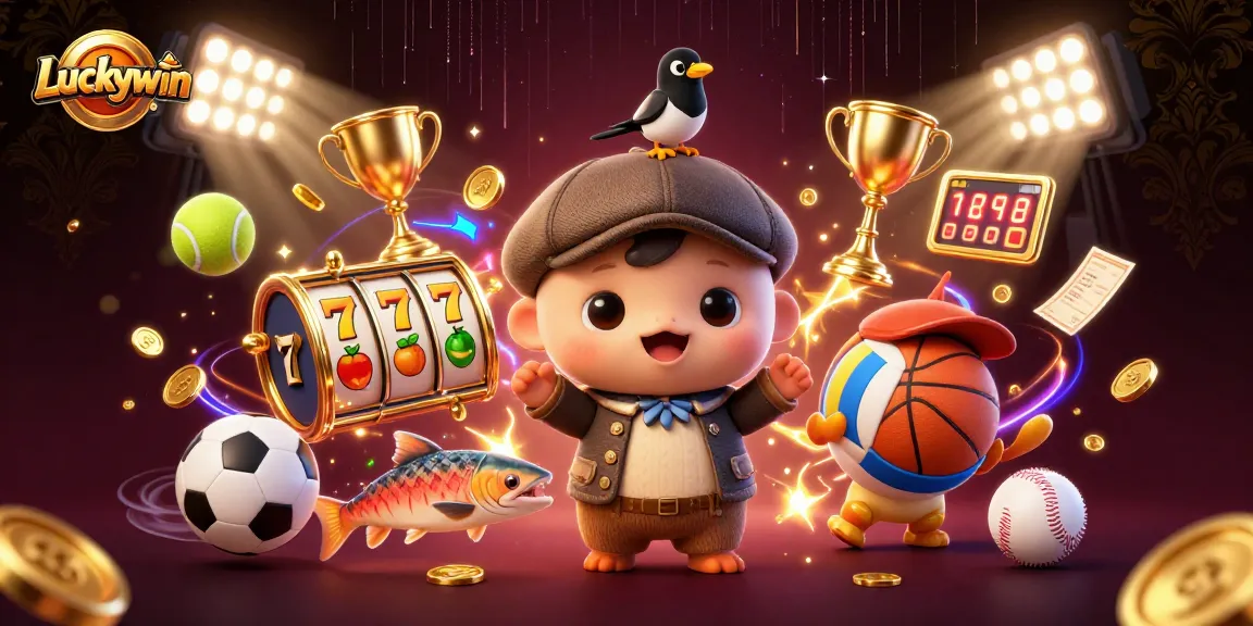 Experience Luckywin's thrilling gaming adventures with vibrant slot reels and dynamic characters in a festive atmosphere.