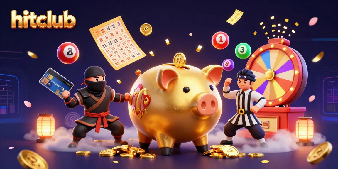 hitclub showcases a lively casino scene with a piggy bank sumo wrestler, ninja, and samurai amidst a shower of coins.
