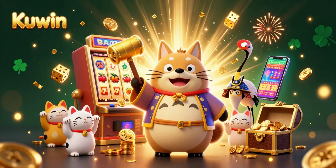 Kuwin's vibrant casino scene features a cheerful tanuki, symbols, and golden treasures bursting with winnings.