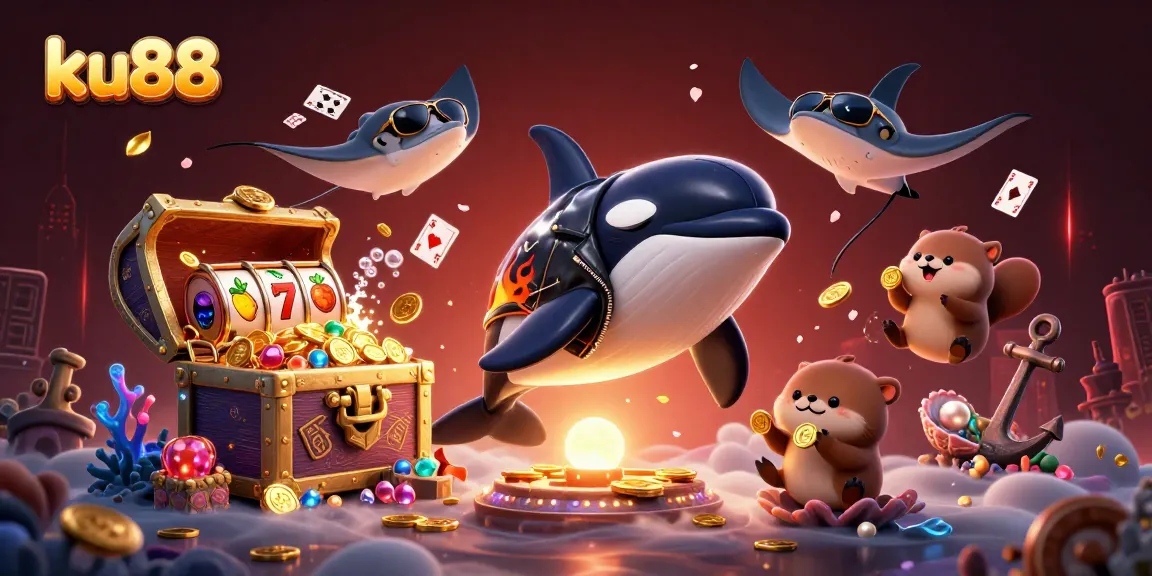 ku88 showcases a thrilling casino scene with an orca, stingray, and sea otters surrounded by winning symbols.