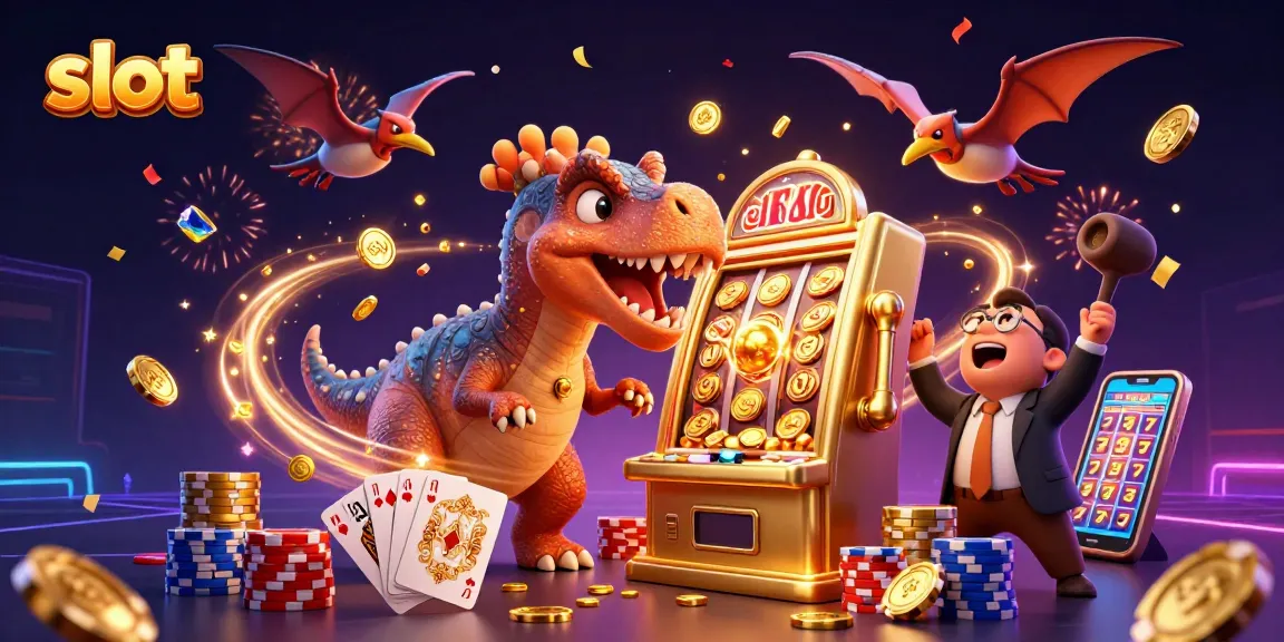 Jackpot slot action featuring slot machine coins flying with a pachycephalosaurus and casino manager.