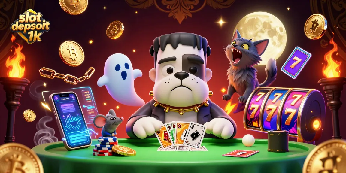 Engage in exciting gameplay with slot depsoit 1k as a cartoon Frankenstein bulldog deals cards.
