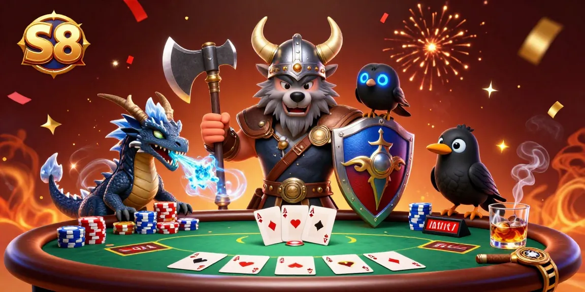 S8 players strategize with a Viking wolf, dragon, and raven at a lively poker table.