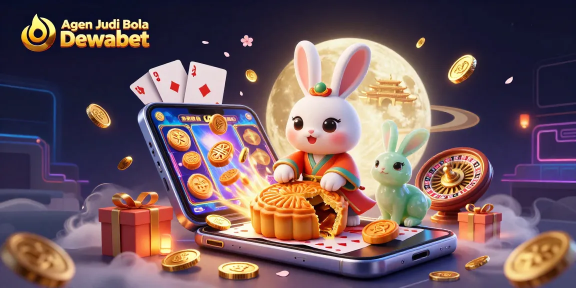 Agen Judi Bola Dewabet showcases a lively 3D scene with a moon rabbit and gaming elements, revealing thrilling betting action.