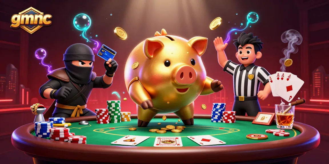 Engage in thrilling GMNC gambling action with a powerful golden piggy bank sumo wrestler and dynamic casino elements.