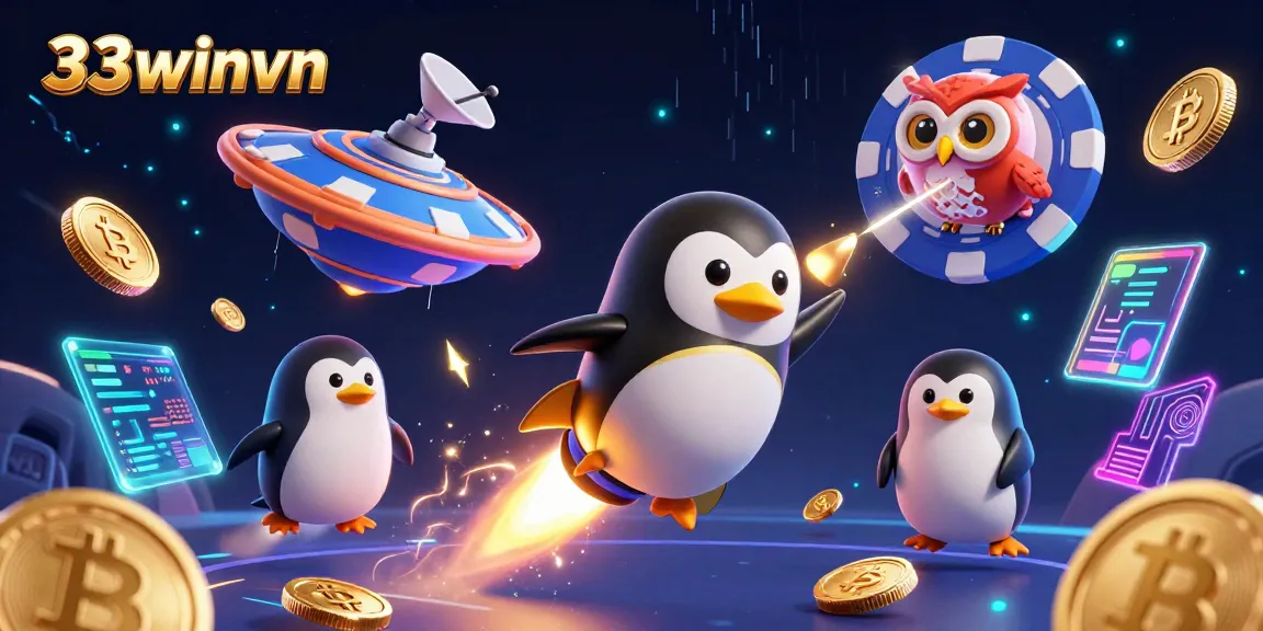 Spin with the 33winvn penguin in a vibrant casino universe filled with energetic elements.