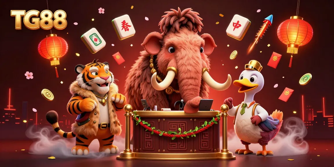 TG88 casino illustration with a woolly mammoth bouncer and a saber-tooth tiger VIP guest at an online gaming entrance.