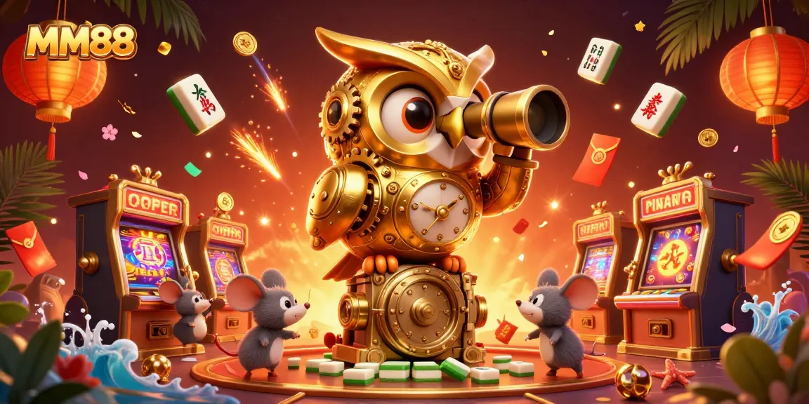 Experience exciting gaming at MM88 with a dynamic illustration showing a golden owl and vibrant casino elements.