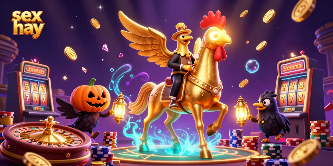 Win big with sex hay at this vibrant casino scene featuring a golden rooster and mystical elements.