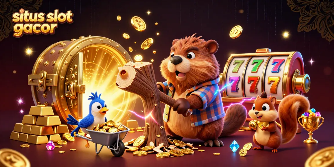 Situs slot gacor showcases a dynamic scene with characters celebrating jackpots among coins and treasures.