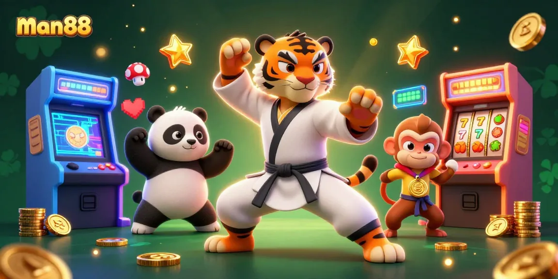 Experience thrilling gameplay with man88 in this vibrant casino scene featuring playful characters.