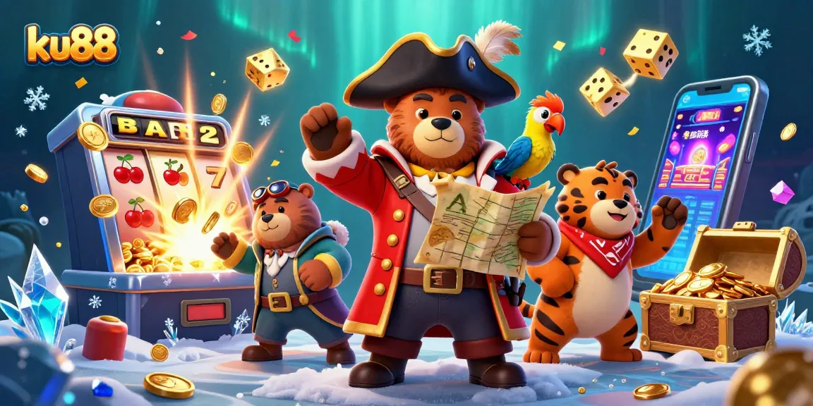 ku88 animated scene with a pirate bear and tiger enjoying a jackpot explosion