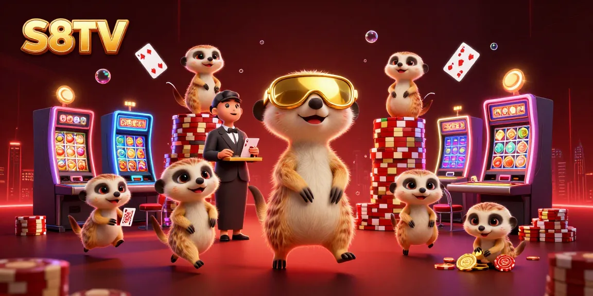 S8TV features cartoon meerkats offering vibrant gaming experiences in a bustling casino.